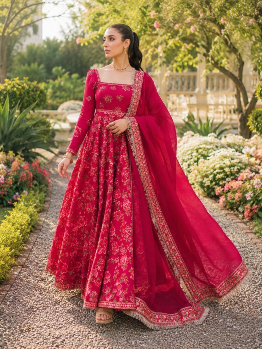 Hussain Rehar Pret Lawn Red Floral Anarkali Suit with Dupatta